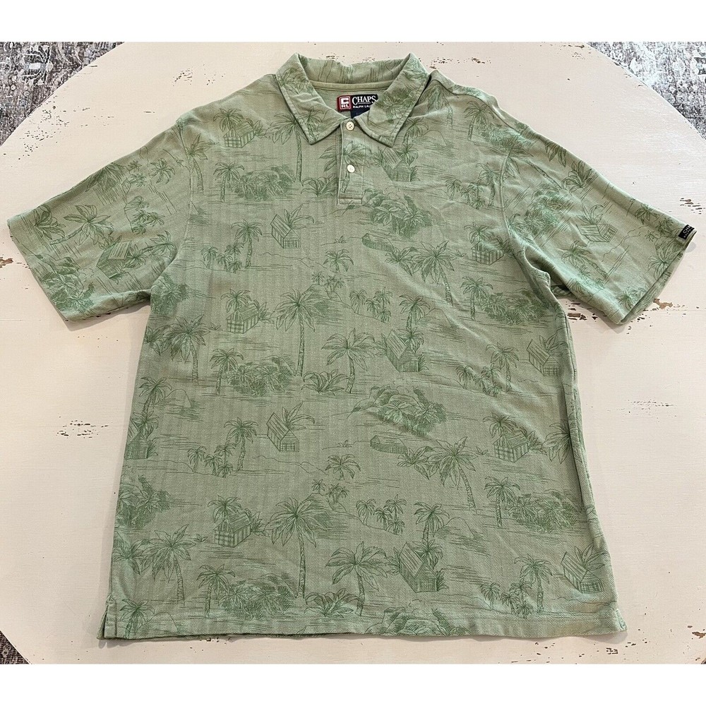 Ralph Lauren Chaps Men Hawaiian Polo Shirt XL Tropical Cabanas Palm Leaf Green